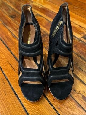 L.A.M.B. Black Suede Cutout Strappy Heels